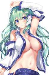 Rule 34 | 1girl, aqua hair, arm at side, arm up, armpits, blue eyes, blue ribbon, blue skirt, blush, breasts, cleavage, closed mouth, clothes pull, collarbone, commentary request, cowboy shot, detached sleeves, frog hair ornament, frown, groin, hair ornament, hair tubes, kaeranu kaeru, kochiya sanae, large breasts, long hair, long sleeves, looking at viewer, looking back, navel, no bra, open clothes, open vest, presenting armpit, ribbon, simple background, skirt, skirt pull, snake hair ornament, solo, stomach, touhou, very long hair, vest, white background, white vest