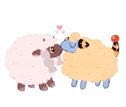 Rule 34 | chuckdrawsthings, commentary, creature, creatures (company), english commentary, closed eyes, facing another, full body, game freak, gen 2 pokemon, gen 8 pokemon, heart, looking at another, mareep, nintendo, no humans, pokemon, pokemon (creature), sheep, simple background, standing, white background, wooloo