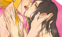Rule 34 | 10s, 2boys, all might, black hair, blonde hair, blush, boku no hero academia, closed eyes, couple, drooling, eraser head (boku no hero academia), facial hair, facing another, french kiss, from side, hair between eyes, hand up, height difference, ichiza rin, kiss, licking, long hair, male focus, multiple boys, open mouth, pink background, saliva, teeth, tongue, tongue out, topless male, upper body, yagi toshinori, yaoi