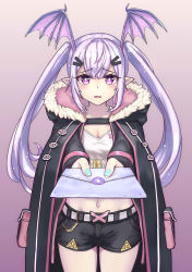 Rule 34 | 1girl, absurdres, arknights, belt, breasts, commentary request, fur trim, hair ornament, hairclip, head wings, highres, holding, holding letter, letter, light purple hair, long hair, looking at viewer, manticore (arknights), navel, pointy ears, purple eyes, rifusutaku, shorts, small breasts, solo, twintails, wings