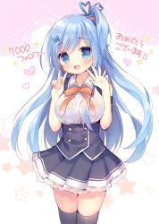 Rule 34 | 1girl, arms at sides, black skirt, black thighhighs, blue eyes, blue hair, blush, breasts, corset, cowboy shot, emori miku, hands up, lace background, large breasts, liver city, long hair, looking at viewer, milestone celebration, one side up, open mouth, pleated skirt, skirt, smile, solo, standing, star (symbol), starry background, tareme, thighhighs, usashiro mani, very long hair