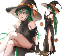 Rule 34 | 1girl, absurdres, alternate costume, asymmetrical bangs, bare shoulders, black dress, blush, breasts, broom, broom riding, dress, fire emblem, fire emblem: the blazing blade, green eyes, green hair, halloween, hat, high ponytail, highres, large breasts, long hair, looking at viewer, lyn (fire emblem), multiple views, nintendo, open mouth, ormille, ponytail, simple background, sitting, smile, very long hair, white background, witch hat