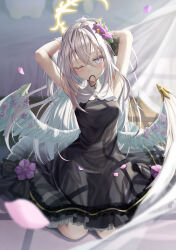 Rule 34 | 1girl, absurdres, adjusting hair, angel wings, armpits, arms behind head, azusa (blue archive), black dress, black sailor collar, blue archive, crossed bangs, dress, feathered wings, flower, hair flower, hair ornament, hairband, halo, highres, long hair, low wings, miseki you, mouth hold, one eye closed, petals, pink eyes, ponytail, sailor collar, sitting, sleeveless, sleeveless dress, white hair, white wings, wing ornament, wings