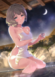 Rule 34 | 1girl, alcohol, arm under breasts, bare arms, bare legs, bare shoulders, blue eyes, blush, breasts, bush, cleavage, collarbone, covering privates, crescent, cup, fence, green eyes, heterochromia, highres, idolmaster, idolmaster cinderella girls, light brown hair, medium breasts, mizuki makoto, mole, mole under eye, moon, naked towel, night, night sky, nude cover, onsen, parted lips, sake, short hair, sky, smile, solo, steam, takagaki kaede, towel, water, wet