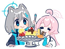 Rule 34 | 2girls, ahoge, animal ear fluff, animal ears, blazer, blue archive, blue eyes, blue halo, blue jacket, blue necktie, blue scarf, blush stickers, cherry, chibi, closed eyes, collared shirt, commentary request, cookie, cross hair ornament, crossed bangs, eating, food, fruit, grey hair, hair between eyes, hair ornament, halo, highres, holding utensil, hoshino (blue archive), icing, jacket, kokumosu, long hair, long sleeves, medium hair, mismatched pupils, multiple girls, necktie, pink hair, pink halo, pudding, scarf, shiroko (blue archive), shirt, simple background, smile, strawberry, striped clothes, striped scarf, white background, white shirt, wolf ears