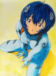 Rule 34 | ayanami rei, highres, looking at viewer, looking up at viewer, neon genesis evangelion, open mouth, tagme, yellow background