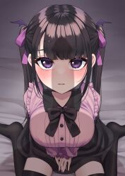Rule 34 | 1boy, 1girl, arms between legs, black bow, black bowtie, black hair, black skirt, black thighhighs, blunt bangs, blush, bow, bowtie, breasts, buttons, frilled shirt collar, frills, from above, hair ribbon, highres, large breasts, long hair, looking at viewer, looking up, menbou (menbow3v), no shoes, original, penis awe, penis shadow, pink shirt, pleated skirt, purple eyes, purple ribbon, ribbon, shirt, sidelocks, sitting, skirt, thighhighs, twintails, wariza, zettai ryouiki