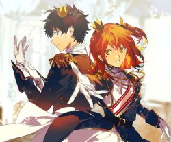 Rule 34 | 1boy, 1girl, ahoge, alternate costume, aokiku, belt, black hair, blue eyes, bow, closed mouth, crown, dress, epaulettes, fate/grand order, fate (series), feet out of frame, formal, fujimaru ritsuka (female), fujimaru ritsuka (female) (halloween royalty), fujimaru ritsuka (male), fujimaru ritsuka (male) (halloween royalty), gloves, hair ornament, hair scrunchie, highres, jacket, long sleeves, looking at viewer, mini crown, official alternate costume, open mouth, orange eyes, orange hair, scrunchie, shirt, short hair, side ponytail, smile, white bow, white gloves, white shirt