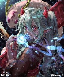Rule 34 | 1girl, absurdres, blue hair, chain, closed mouth, commentary, creature, duel monster, english commentary, from side, ghost ogre &amp; snow rabbit, hand up, highres, horns, long hair, long sleeves, looking at viewer, looking up, pointy ears, red eyes, runemill, solo, twintails, twitter username, yu-gi-oh!