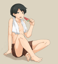 Rule 34 | 1girl, barefoot, black hair, breasts, brown background, brown eyes, brown shorts, chagamaka, crossed legs, food, full body, highres, indian style, kantai collection, mogami (kancolle), popsicle, short hair, shorts, simple background, sitting, small breasts, solo, swept bangs, tomboy, towel, towel around neck, watermelon bar