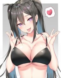 Rule 34 | 1girl, bare shoulders, black one-piece swimsuit, blush, borrowed character, bra, breasts, bright pupils, character request, cleavage, hair between eyes, heart, holding, holding bra, holding clothes, holding underwear, large breasts, long hair, luse maonang, multicolored hair, one-piece swimsuit, purple eyes, sharp teeth, strap pull, swimsuit, teeth, tongue, tongue out, twintails, underwear, upper body, yuuki nanase