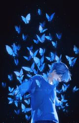 Rule 34 | 1boy, artist name, backlighting, blue butterfly, blue hair, blue shirt, blue theme, blurry, blurry foreground, bug, butterfly, closed mouth, covered mouth, dark background, darkness, denim, depth of field, expressionless, eyelashes, fingernails, glowing, head down, highres, insect, jeans, light particles, long sleeves, male focus, motion blur, original, outstretched arms, pants, profile, rido (ridograph), shaded face, shirt, sleeves past wrists, standing, too many, too many butterflies, upper body