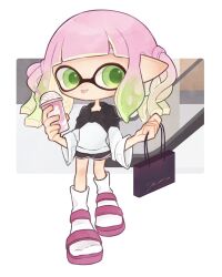 Rule 34 | 1girl, :p, bag, black hoodie, black shorts, commentary, cup, deformed, dolphin shorts, gradient hair, green eyes, green hair, highres, holding, holding bag, holding cup, hood, hoodie, inkling, inkling girl, inkling player character, kuon gtoma, medium hair, multicolored hair, nintendo, pink hair, pink trim, pointy ears, sandals, shopping bag, short twintails, shorts, simple background, socks, solo, splatoon (series), standing, symbol-only commentary, tentacle hair, tongue, tongue out, twintails, two-tone hair, two-tone hoodie, upper body, white background, white hoodie, white socks, wide sleeves
