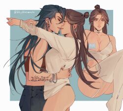 Rule 34 | 2girls, absurdres, arms behind back, artist name, bbybluemochi, blue background, blue hair, breasts, brown hair, cleavage, collar, earrings, eye contact, genderswap, genderswap (mtf), hands on another&#039;s hips, highres, hua cheng, imminent kiss, jewelry, large breasts, looking at another, multiple girls, pants, thighhighs, tianguan cifu, xie lian, yuri