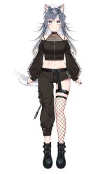Rule 34 | 1girl, absurdres, animal ear fluff, animal ears, ankle boots, anzu 1026, arms at sides, asymmetrical clothes, belt, black footwear, black nails, blue eyes, boots, breasts, closed mouth, comai asaka, crop top, fishnet thighhighs, fishnets, full body, grey hair, highres, indie virtual youtuber, large breasts, long hair, long sleeves, looking at viewer, nail polish, navel, pants, puffy sleeves, simple background, single pantsleg, single thighhigh, smile, solo, standing, tail, thigh belt, thigh strap, thighhighs, virtual youtuber, white background
