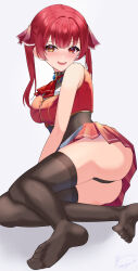 Rule 34 | 1girl, ass, black thighhighs, feet, foot focus, heterochromia, highres, hololive, hololive fantasy, houshou marine, looking at viewer, marufus, open mouth, red eyes, red hair, smile, soles, solo, thighhighs, twintails, virtual youtuber, yellow eyes