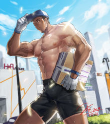 Rule 34 | 1boy, abs, artist name, bara, black hair, breasts, brown eyes, city, facial hair, gloves, hat, jin (sirius-j), large breasts, large pectorals, long sideburns, looking at viewer, male focus, manly, mature male, muscular, muscular male, navel, nipples, original, outdoors, package, pectoral cleavage, pectorals, shorts, sideburns, solo, stubble, sunlight, sweat, sweatdrop, tan, thick arms, thick thighs, thighs, tight clothes, yaoi