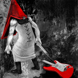 Rule 34 | 1boy, 8 (eight), boots, electric guitar, fender stratocaster, guitar, instrument, male focus, pyramid head, silent hill, silent hill (series), solo