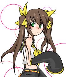 Rule 34 | bare shoulders, blush, brown hair, cosplay, green eyes, hair ribbon, huang lingyin, infinite stratos, kagamine rin (cosplay), long hair, ribbon, sleeves past wrists, twintails, vocaloid