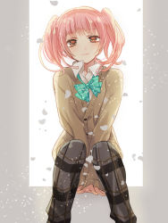 Rule 34 | 1boy, amachin, amachin wa jishou, backlighting, between legs, blush, bow, bowtie, brown eyes, cardigan, falling petals, hand between legs, highres, looking at viewer, male focus, pants, petals, pillarboxed, pink hair, plaid, plaid pants, simple background, sitting, solo, trap, twintails, tyuraba, unbuttoned, unbuttoned shirt