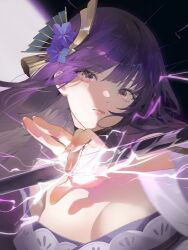 Rule 34 | 1girl, absurdres, black background, breasts, buri (retty9349), cleavage, closed mouth, genshin impact, hair ornament, highres, holding, holding sword, holding weapon, japanese clothes, kimono, large breasts, lightning, lips, long hair, long sleeves, looking at viewer, purple eyes, purple hair, purple kimono, raiden shogun, simple background, solo, sword, weapon