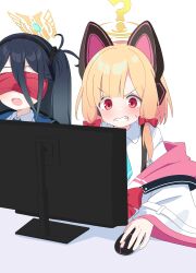 Rule 34 | 2girls, ?, absurdres, animal ear headphones, animal ears, aris (blue archive), black hair, blindfold, blonde hair, blue archive, blue necktie, blush, bow, cat ear headphones, clenched teeth, fake animal ears, hair bow, halo, headphones, highres, long hair, momoi (blue archive), monitor, mouse (computer), multiple girls, necktie, open mouth, qusouzu mogari, red bow, red eyes, shirt, short hair, teeth, upper teeth only, white shirt, yellow halo