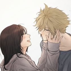 Rule 34 | 1boy, 1girl, blonde hair, blush, brown hair, closed eyes, closed mouth, cloud strife, collarbone, commentary, couple, english commentary, eyes visible through hair, face-to-face, final fantasy, final fantasy vii, from side, grey hoodie, grey shirt, hair between eyes, hands on another&#039;s cheeks, hands on another&#039;s face, hetero, highres, hood, hood down, hoodie, lips, long hair, long sleeves, maiii (smaii i), open mouth, shirt, simple background, sleeves past wrists, smile, spiked hair, tifa lockhart, upper body, white background