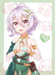 Rule 34 | 1girl, :d, antenna hair, bag, bare shoulders, bin1998, blush, breasts, commentary request, covered navel, detached sleeves, dress, flower, green background, green dress, hair between eyes, hair flower, hair ornament, hands up, heart, heart hands, highres, kokkoro (princess connect!), long sleeves, open mouth, pointy ears, princess connect!, puffy long sleeves, puffy sleeves, red eyes, satchel, see-through, see-through sleeves, silver hair, sleeveless, sleeveless dress, small breasts, smile, solo, two-tone background, white background, white flower