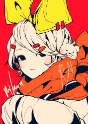 Rule 34 | 1girl, 3kuma, black eyes, bow, character name, commentary, expressionless, hair bow, hair ornament, hairclip, hands in opposite sleeves, highres, kagamine rin, limited palette, looking at viewer, own hands together, red background, red scarf, scarf, short hair, signature, sleeves past wrists, solo, stuffed animal, stuffed toy, upper body, vocaloid, yellow bow