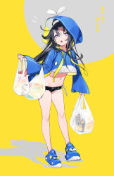 Rule 34 | 1girl, bag, black hair, black shorts, blue footwear, blue hoodie, blush, bukurote, commentary request, crop top, drawstring, full body, grey background, hair between eyes, highres, holding, holding bag, hood, hood up, hoodie, long hair, long sleeves, looking at viewer, micro shorts, midriff, navel, open mouth, original, plastic bag, shoes, shorts, sleeves past wrists, solo, standing, translation request, transparent, two-tone background, very long hair, yellow background