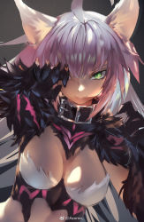 Rule 34 | 1girl, ahoge, animal ears, artist name, atalanta alter (fate), atalanta (fate), azomo, breasts, cleavage cutout, clothing cutout, collar, fate/grand order, fate (series), green eyes, highres, long hair, looking at viewer, medium breasts, multicolored hair, parted lips, pink hair, sidelocks, silver hair, smile, solo, two-tone hair