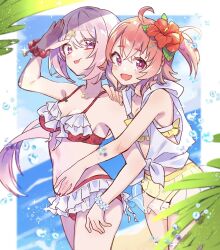 Rule 34 | 2girls, absurdres, ahoge, bikini, bikini under clothes, blush, breasts, cleavage, closed mouth, fang, flower, flower bracelet, frilled bikini, frills, hair flower, hair ornament, hand on another&#039;s shoulder, hibiscus, highres, hood, hooded jacket, jacket, jewelry, long hair, masumi mi, multiple girls, navel, necklace, nijisanji, one side up, open mouth, outdoors, pink hair, plant, red eyes, red hair, sasaki saku, scrunchie, see-through, see-through skirt, shading eyes, shiina yuika, short hair, skin fang, skirt, sleeveless, sleeveless jacket, small breasts, star (symbol), star hair ornament, swimsuit, tied jacket, tongue, tongue out, virtual youtuber, water drop, wrist scrunchie, yellow bikini