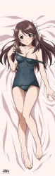 Rule 34 | 1girl, absurdres, bare legs, bare shoulders, barefoot, black one-piece swimsuit, blush, brave witches, breasts, brown eyes, brown hair, cleavage, covered navel, dakimakura (medium), feet, full body, hair ribbon, half updo, highres, incredibly absurdres, karibuchi takami, long hair, looking at viewer, lying, medium breasts, official art, on back, one-piece swimsuit, parted lips, ribbon, school swimsuit, solo, strap slip, swimsuit, toes, world witches series