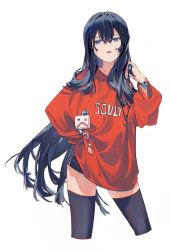 Rule 34 | 1girl, baggy clothes, black buruma, black thighhighs, blue eyes, blue hair, bracelet, buruma, clothes writing, commentary request, cowboy shot, cropped legs, hair between eyes, hand on own hip, hand up, highres, jewelry, long hair, long shirt, long sleeves, looking at viewer, orange shirt, original, ornament, oversized clothes, oversized shirt, parted lips, playing with own hair, shirt, short shorts, shorts, simple background, solo, souly, thighhighs, very long hair, white background, zettai ryouiki