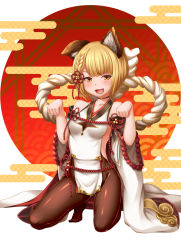 Rule 34 | 1girl, animal ears, bare shoulders, black pantyhose, blonde hair, blush, braid, breasts, choker, detached sleeves, dog ears, erune, eyebrows hidden by hair, fang, full body, granblue fantasy, hair ornament, hair ribbon, highres, kneeling, looking at viewer, open mouth, otomix, pantyhose, pelvic curtain, ribbon, rope, short hair, simple background, small breasts, solo, vajra (granblue fantasy), wide sleeves