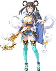 Rule 34 | 1girl, aqua eyes, arrow (projectile), black hair, boots, bowgun, breasts, cleavage, emerane, flute, full body, hair ornament, holding, holding weapon, instrument, large breasts, official art, oshiro project:re, oshiro project:re, short shorts, shorts, smile, solo, takiyama (oshiro project), thigh boots, thighhighs, transparent background, twintails, weapon