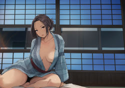 Rule 34 | 1girl, arakure, blanket, breasts, brown eyes, brown hair, cleavage, commentary request, door, hair up, japanese clothes, kimono, large breasts, looking at viewer, mature female, mole, mole under mouth, obi, open clothes, open kimono, original, parted bangs, parted lips, sash, sitting, thighs, yukata