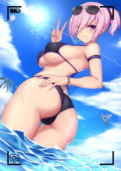 Rule 34 | 2girls, aircraft, alternate costume, ass, bikini, bird, black bikini, blush, bracelet, breasts, contrail, covered erect nipples, day, eyes visible through hair, fate/grand order, fate (series), fei er, hair over one eye, highres, hot air balloon, jewelry, large breasts, mash kyrielight, mordred (fate), mordred (fate) (all), mordred (fate/apocrypha), mordred (swimsuit rider) (fate), mordred (swimsuit rider) (first ascension) (fate), multiple girls, palm tree, ponytail, purple eyes, purple hair, red bikini, short hair, short ponytail, sky, smile, sun, sunglasses, surfboard, swimsuit, tree, v, viewfinder, wading, water