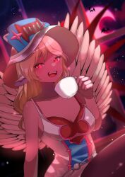 Rule 34 | 1girl, animal ears, bare shoulders, blonde hair, collarbone, crescent moon, cup, duel monster, fangs, feathered wings, hat, highres, holding, holding cup, moon, night, night sky, open mouth, pantyhose, red eyes, red moon, red skirt, shiroue tomari, skirt, sky, solo, star (sky), teacup, vampire, vampire sucker, wings, yu-gi-oh!
