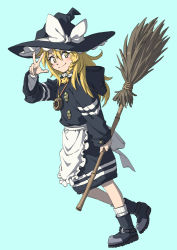 Rule 34 | 1girl, apron, black dress, black footwear, blonde hair, blue background, boots, bow, braid, broom, buttons, dress, dutch angle, from side, full body, hair bow, hand up, hat, hat bow, highres, holding, holding broom, inuno rakugaki, jewelry, kirisame marisa, long hair, long hoodie, long sleeves, looking at viewer, necklace, ribbed legwear, shoes, smile, socks, solo, touhou, w, waist apron, white bow, white socks, witch hat, yellow eyes