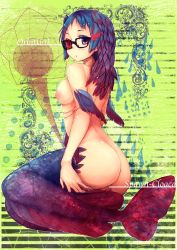 Rule 34 | 1girl, absurdres, ass, blue hair, blush, breasts, fins, fish tail, gills, glasses, highres, kimiterary, long hair, mermaid, missing eye, monster girl, multicolored hair, nipples, nude, original, pussy, red eyes, red hair, scales, solo, tail, uncensored