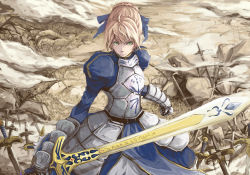Rule 34 | 1girl, ahoge, armor, armored dress, artoria pendragon (fate), bad anatomy, bad proportions, battlefield, blonde hair, caliburn (fate), dress, fate/stay night, fate/zero, fate (series), field of blades, green eyes, hair ribbon, ribbon, ripu (vincecarter), saber (fate), serious, solo, sword, weapon