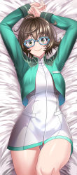 Rule 34 | 1girl, absurdres, ahoge, arms up, blue-framed eyewear, blush, breasts, brown hair, cropped jacket, dress, fate/grand order, fate (series), glasses, green jacket, hair between eyes, highres, jacket, kogarasu1st, large breasts, long sleeves, looking at viewer, lying, mable macintosh, on back, open clothes, open jacket, short dress, short hair, smile, solo, thighs, white dress, yellow eyes