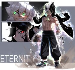Rule 34 | 1boy, 2girls, abs, absurdres, aura, bandaged arm, bandaged hand, bandages, bare pectorals, black hair, black pants, clenched hands, commentary, eyes visible through hair, glowing, glowing eyes, green eyes, grin, highres, horns, jacket, jacket on shoulders, kory gardentale, kuro t. dragon, multicolored hair, multiple boys, multiple girls, muscular, muscular male, original, pants, pectorals, rageman709, red eyes, sharp teeth, shoes, smile, sneakers, teeth, two-tone hair, v-shaped eyebrows, white hair