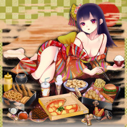 Rule 34 | 1girl, bad id, bad pixiv id, bare shoulders, barefoot, blush, bowl, bra, breasts, burger, candy, checkered background, chicken (food), chips (food), chocolate, chopsticks, cleavage, clothes down, cloud, corn dog, drink, egasumi, fast food, feet, food, french fries, full body, hair ornament, hot dog, ice cream, japanese clothes, kimono, lingerie, lollipop, long hair, lying, medium breasts, mustard, off shoulder, on side, onion rings, open mouth, original, panties, pizza, potato chips, purple hair, red eyes, red sun, rice, rice bowl, solo, strap slip, swirl lollipop, twix, underwear, yuuki rika