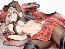 Rule 34 | 10s, 1girl, alisa ilinichina amiella, armpits, bare shoulders, blonde hair, blue eyes, breasts, fingerless gloves, gloves, god eater, hat, highres, kumiko shiba, long hair, looking at viewer, lying, plaid, plaid skirt, simple background, skirt, smile, solo, suspender skirt, suspenders, sword, thighs, underboob, weapon, white background