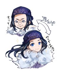 Rule 34 | 1girl, absurdres, ainu, ainu clothes, arrow (symbol), asirpa, bandana, black hair, blue bandana, blue eyes, cape, closed mouth, commentary request, ear piercing, earrings, fur cape, gikurisurprise, golden kamuy, grimace, highres, hoop earrings, jewelry, long hair, looking at viewer, looking down, piercing, sidelocks, simple background, smile, solo, sparkle, translated, upper body, white background, white cape