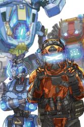 Rule 34 | 1boy, 1girl, blue eyes, crossed arms, double v, explosive, extra eyes, glowing, glowing eyes, grenade, highres, humanoid robot, kotone a, legion (titanfall 2), looking at viewer, looking down, looking to the side, mecha, northstar (titanfall), pouch, robot, science fiction, simulacrum (titanfall), titanfall (series), titanfall 2, v, visor