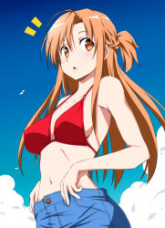 Rule 34 | 1girl, ahoge, asuna (sao), bare arms, bare shoulders, bikini, bikini top only, bird, blue shorts, blue sky, blush, braid, breasts, brown eyes, cloud, commentary request, cowboy shot, day, french braid, highres, long hair, looking at viewer, medium breasts, midriff, navel, nori tamago, open mouth, orange hair, outdoors, red bikini, shorts, sideboob, sidelocks, sky, solo, standing, swimsuit, sword art online