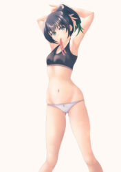 Rule 34 | 1girl, armpits, arms up, black hair, black sports bra, blush, breasts, closed mouth, commentary request, gluteal fold, gradient hair, green eyes, green hair, groin, hands in hair, highres, jou (circlemay), looking at viewer, love live!, love live! nijigasaki high school idol club, lowleg, lowleg panties, medium hair, mouth hold, multicolored hair, navel, panties, partial commentary, pink ribbon, ponytail, print panties, ribbon, ribbon in mouth, simple background, small breasts, solo, sports bra, standing, takasaki yu, tying hair, underwear, underwear only, white background, white panties
